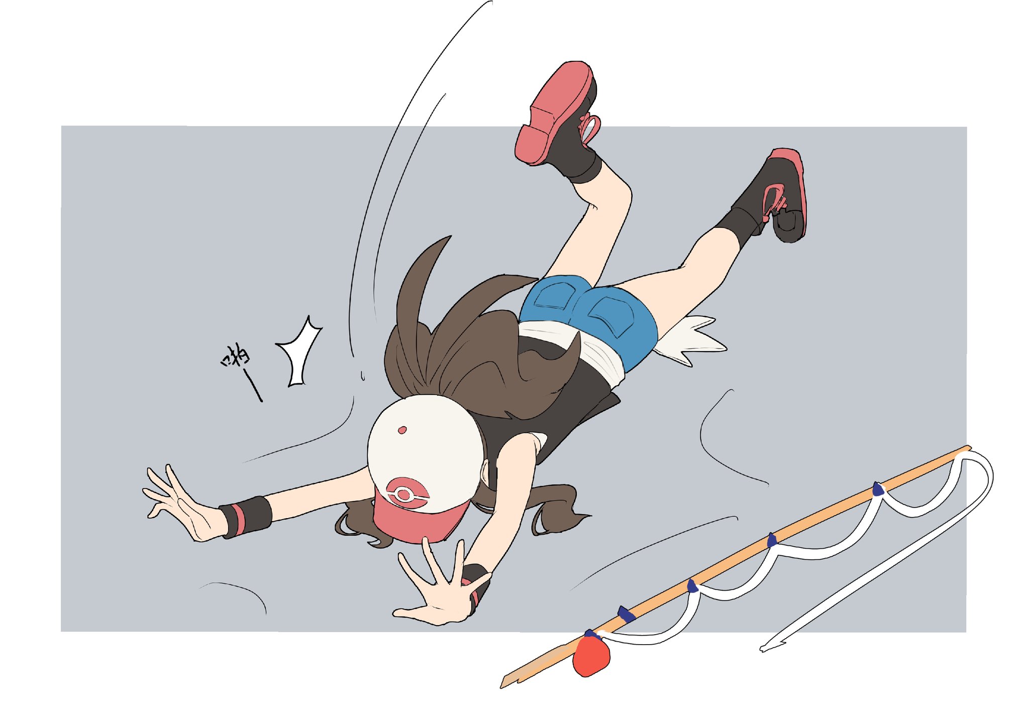 wildou p, hilda (pokemon), nintendo, pokemon, pokemon bw, highres, 1girl, black shoes, black socks, blue shorts, brown hair, faceplant, fallen down, fishing rod, full body, hat, long hair, shirt, shoes, short shorts, shorts, simple background, sleeveless, sleeveless shirt, socks, solo, white hat, white shirt, wristband