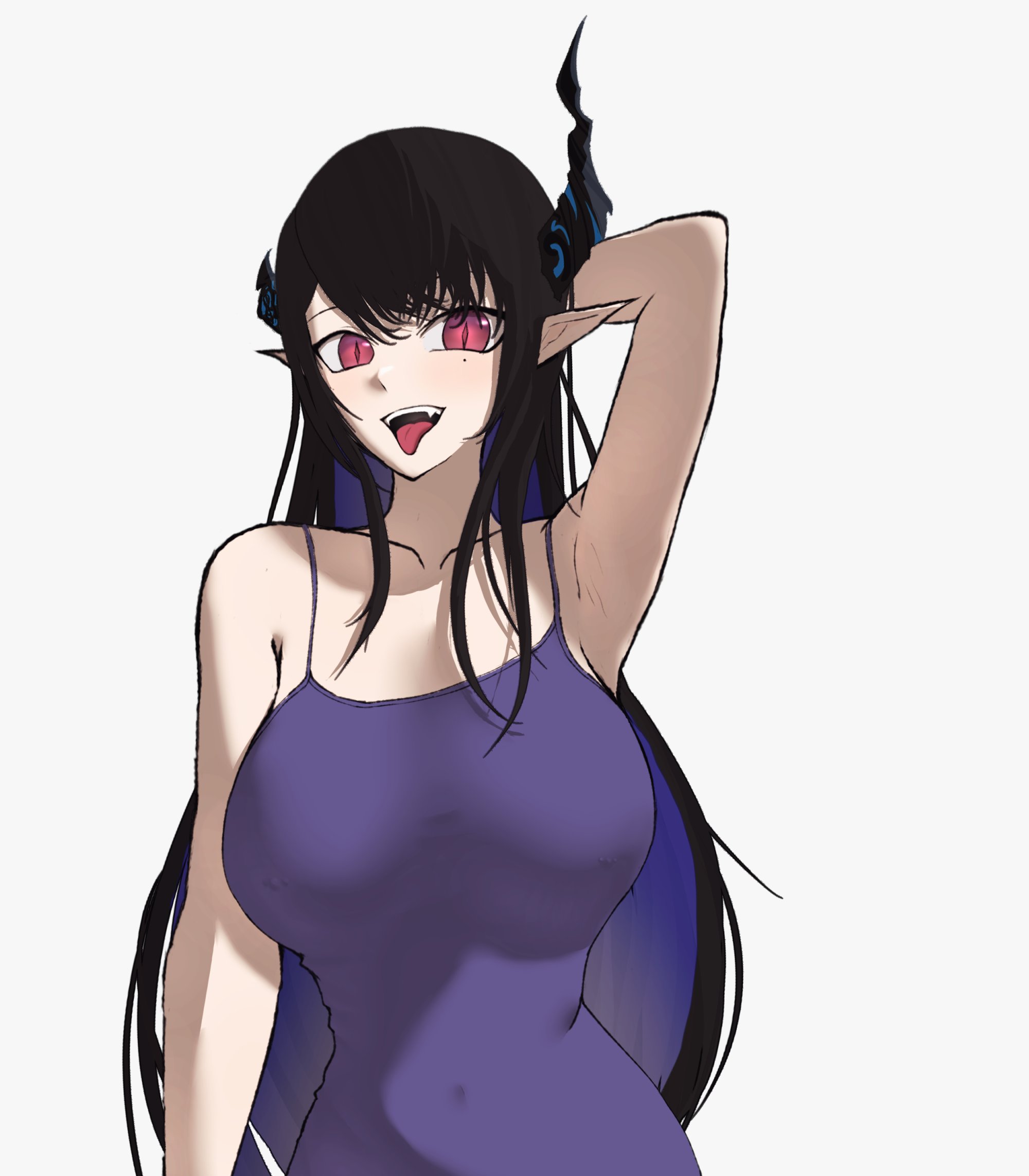 nerissa ravencroft, hololive, hololive english, highres, self-upload, 1girl, alternate costume, arm behind head, arm up, armpits, astronglitch, asymmetrical horns, bare shoulders, black hair, blue hair, breasts, collarbone, fangs, horns, large breasts, long hair, looking at viewer, mole, mole under eye, open mouth, pointy ears, red eyes, simple background, sleeveless, solo, tongue, tongue out, upper body, virtual youtuber