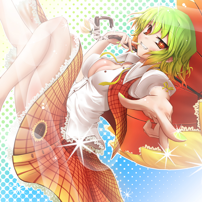 scarlet (studioscr), kazami yuuka, touhou, untied, bad id, bad pixiv id, 1girl, ascot, breasts, cleavage, female focus, foreshortening, green hair, green nails, grin, large breasts, legs, nail polish, open clothes, open shirt, plaid clothes, plaid skirt, plaid vest, pointing, red eyes, shirt, short hair, skirt, skirt set, smile, solo, umbrella, vest