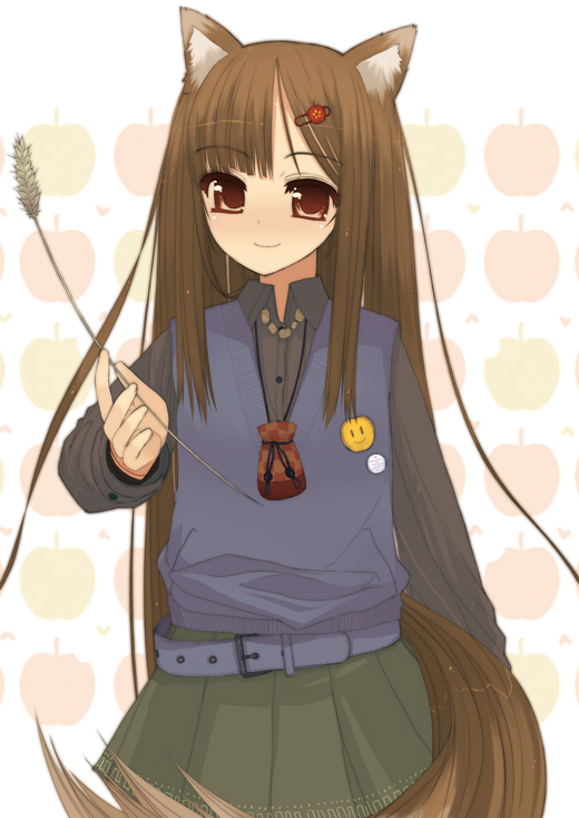 mukoujima tenro, tenro, holo, spice and wolf, 00s, animal ears, brown hair, hair ornament, hairclip, long hair, red eyes, solo, tail, wheat, wolf ears, wolf tail