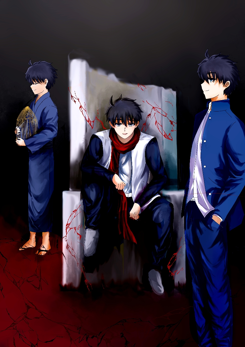 nanaya shiki, tohno shiki, tsukihime, tsukihime (remake), type-moon, 3boys, ahoge, alternate costume, black hair, blue kimono, chair, dual persona, hair between eyes, hand in pocket, holding, holding knife, holding weapon, jacket, japanese clothes, kimono, knife, looking at viewer, multiple boys, multiple persona, mystic eyes of death perception, nanatsu-yoru, open clothes, open jacket, red scarf, scarf, school uniform, sitting, souya high school uniform, typetale, weapon