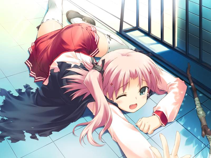 kawata hisashi, maaryan, to heart 2, to heart 2 ad, game cg, tagme, 1girl, green eyes, mary janes, pink hair, school uniform, serafuku, shoes, solo, thighhighs