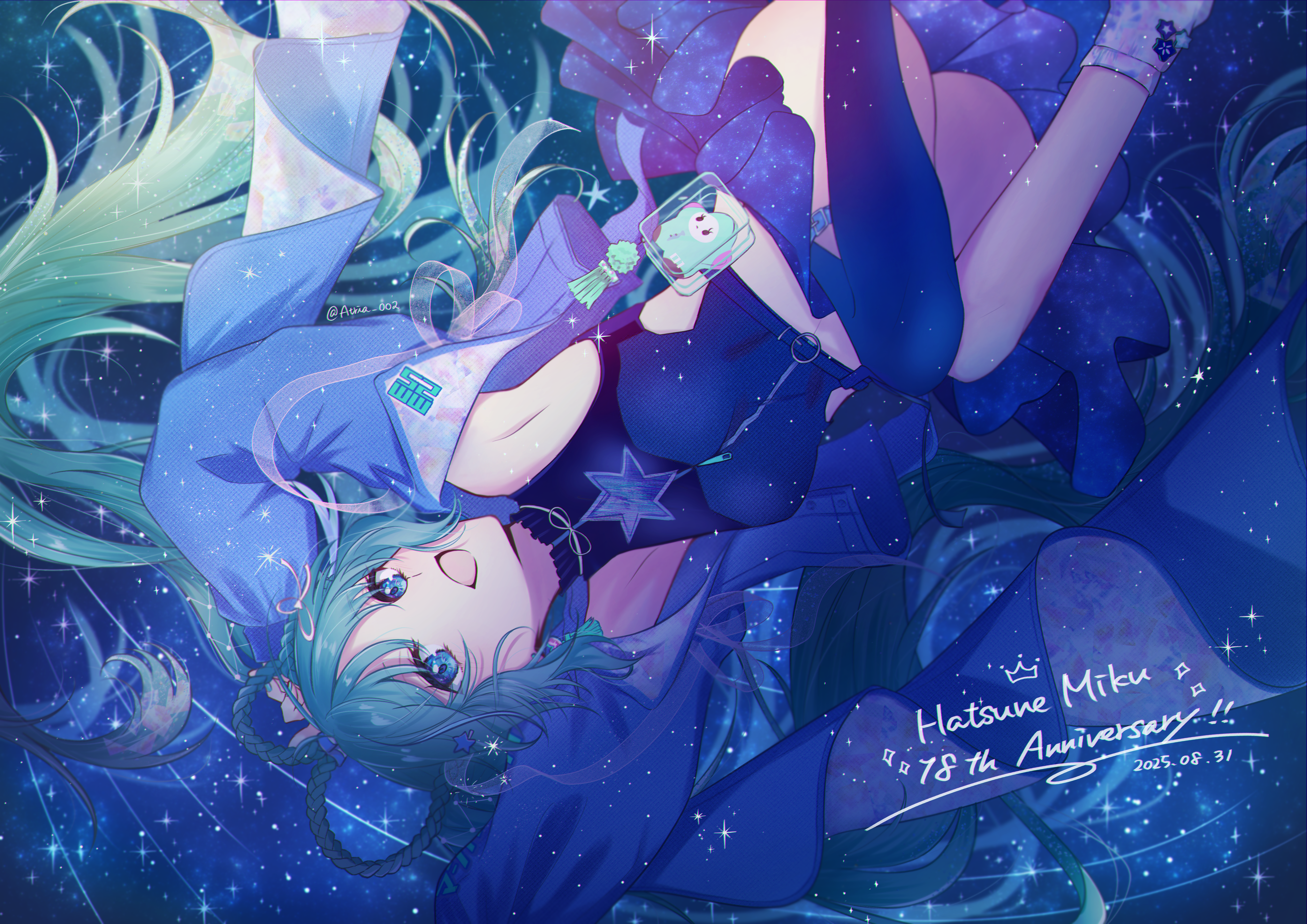 atria-003, hatsune miku, magical mirai miku, magical mirai miku (2025), magical mirai (vocaloid), vocaloid, absurdres, highres, 1girl, aqua hair, armpits, arms up, blue eyes, braid, braided hair rings, breasts, crop top, hair ornament, hair rings, happy birthday, jacket, long hair, looking at viewer, medium breasts, midriff, official alternate costume, official alternate hairstyle, open clothes, open jacket, open mouth, sky, smile, solo, star (sky), starry sky, twintails, very long hair