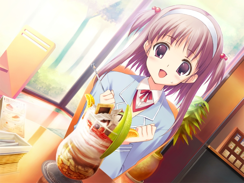 kawata hisashi, nanako, nanako (to heart 2), to heart (series), to heart 2, to heart 2 ad, game cg, 00s, 1girl, dessert, female focus, food, hairband, purple eyes, purple hair, school uniform, serafuku, solo, two side up