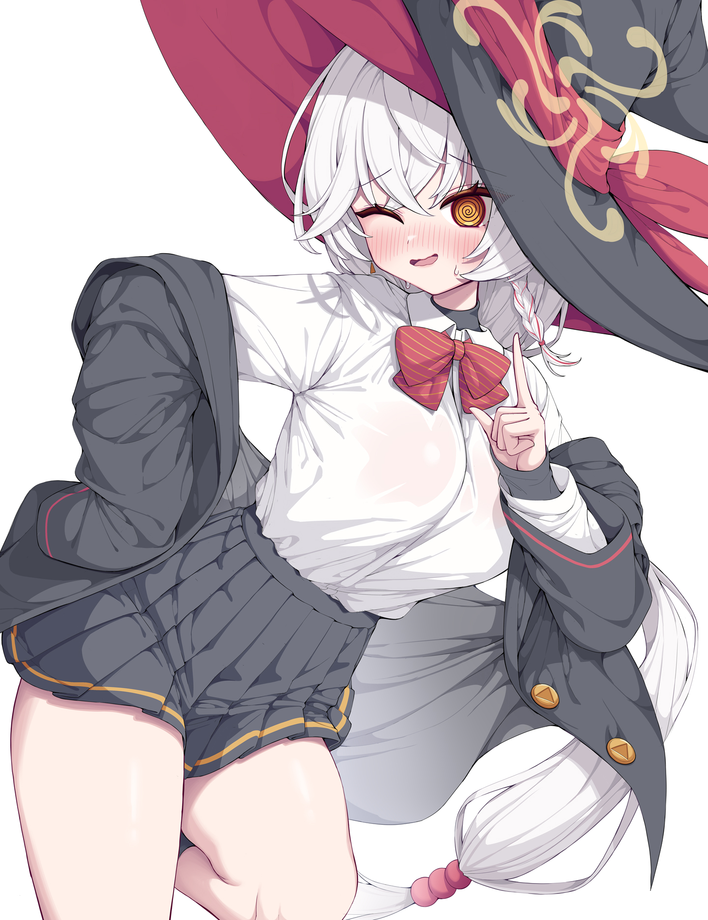 metaljelly, eri (blue archive), blue archive, highres, 1girl, @ @, black hat, black jacket, black skirt, blush, breasts, brown eyes, halo, hat, jacket, large breasts, long hair, looking at viewer, one eye closed, pleated skirt, shirt, simple background, skirt, smile, solo, thighs, very long hair, white background, white hair, white shirt, witch hat, yellow halo