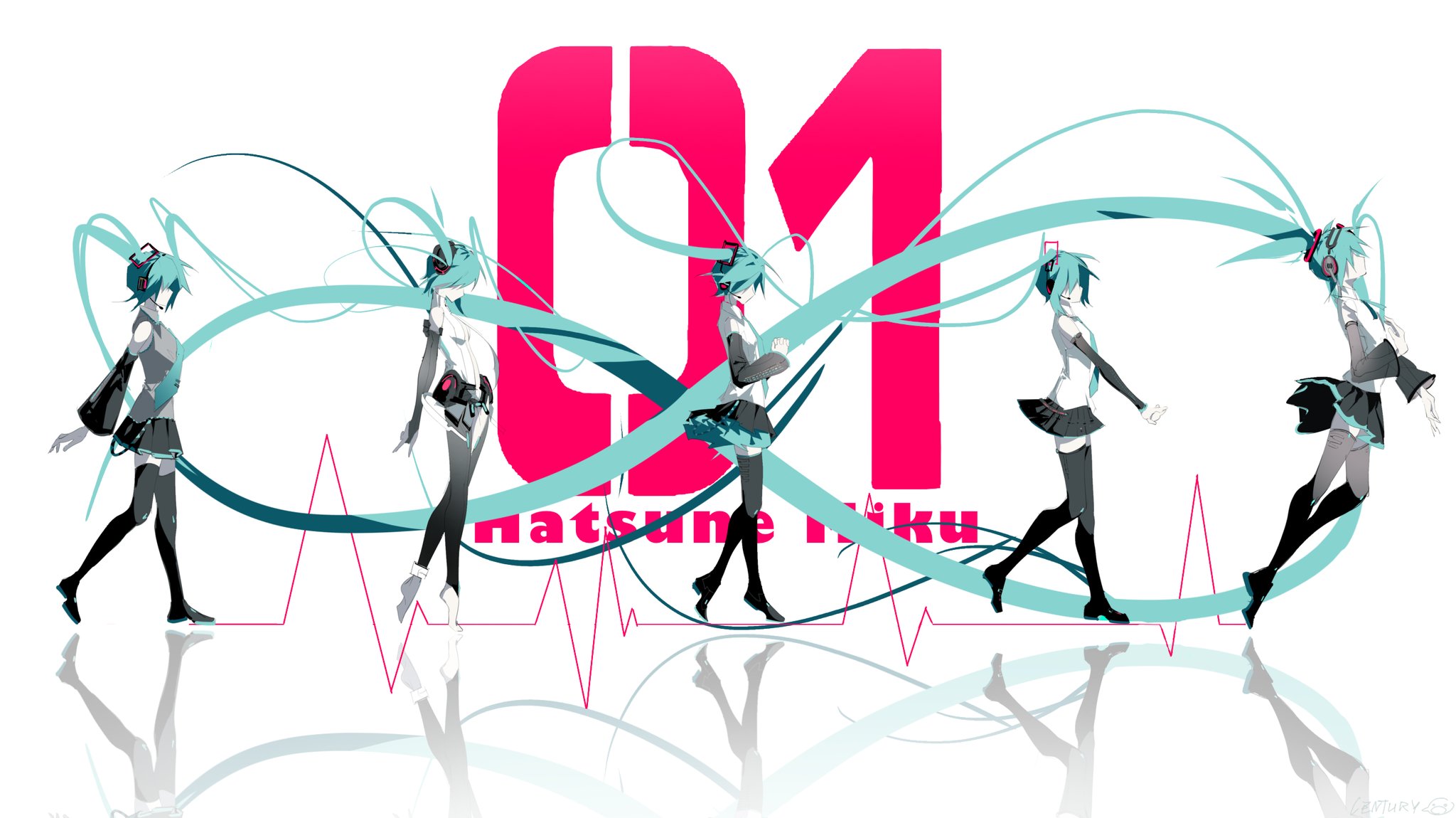 hatsune miku, hatsune miku (append), hatsune miku (nt), hatsune miku (vocaloid3), hatsune miku (vocaloid4), vocaloid, vocaloid append, highres, 5girls, absurdly long hair, aqua hair, bare shoulders, black skirt, boots, centurytruren, detached sleeves, floating hair, from side, headphones, long hair, multiple girls, necktie, pleated skirt, shirt, skirt, sleeveless, sleeveless shirt, thigh boots, thighhighs, twintails, very long hair, walking, white background, zettai ryouiki