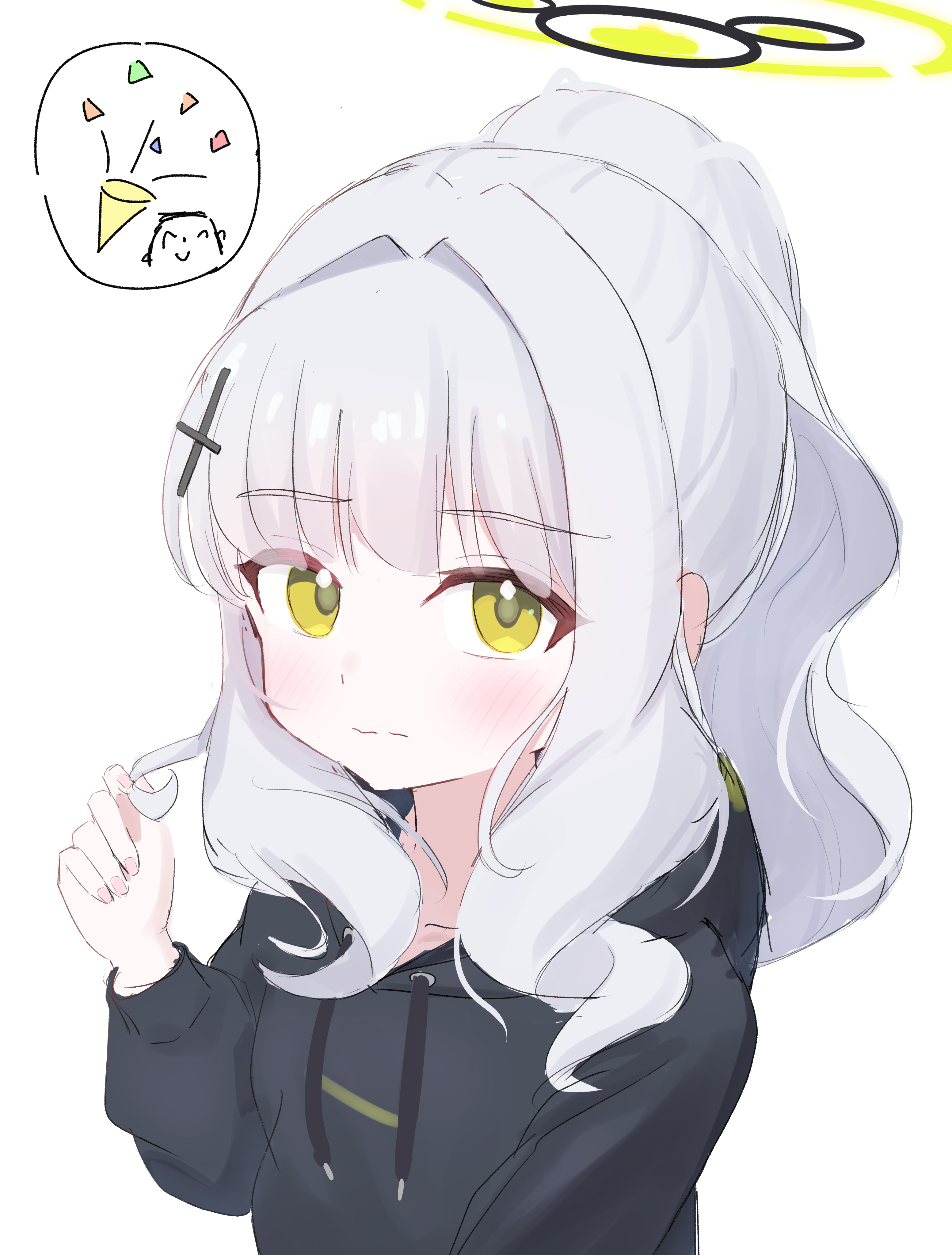 herananu117, doodle sensei (blue archive), hare (blue archive), sensei (blue archive), blue archive, absurdres, commentary request, highres, 1girl, black halo, black hoodie, blush, collarbone, confetti, drawstring, green eyes, green halo, grey hair, hair intakes, halo, hood, hood down, hoodie, inset, long hair, long sleeves, looking at viewer, party popper, ponytail, sidelocks, simple background, solo focus, upper body, white background