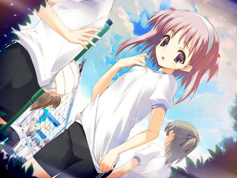 kawata hisashi, nanako, nanako (to heart 2), to heart (series), to heart 2, to heart 2 ad, game cg, 00s, 3girls, bike shorts, double vertical stripe, gym uniform, hairband, multiple girls, purple eyes, purple hair, solo, two side up