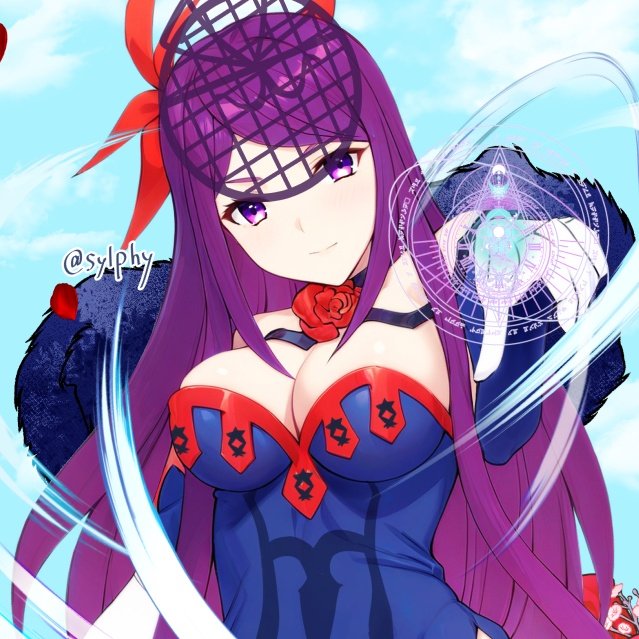 sylphy fe, ivy (fire emblem), fire emblem, fire emblem engage, nintendo, spiked, 1girl, bare shoulders, breasts, brooch, fascinator, fishnet thighhighs, fishnets, flower brooch, jewelry, large breasts, long hair, looking at viewer, purple eyes, purple hair, see-through clothes, see-through headwear, thighhighs