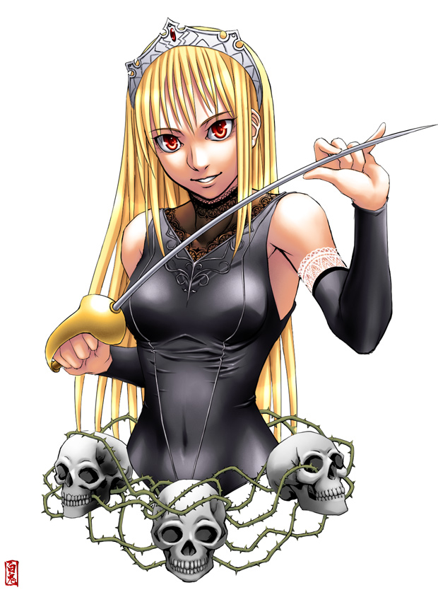 shiraki (artist), hime (kaibutsu oujo), kaibutsu oujo, 00s, 1girl, black dress, blonde hair, crown, detached sleeves, dress, elbow gloves, female focus, gloves, hat, long hair, looking at viewer, rapier, red eyes, skull, smile, solo, sword, tiara, weapon