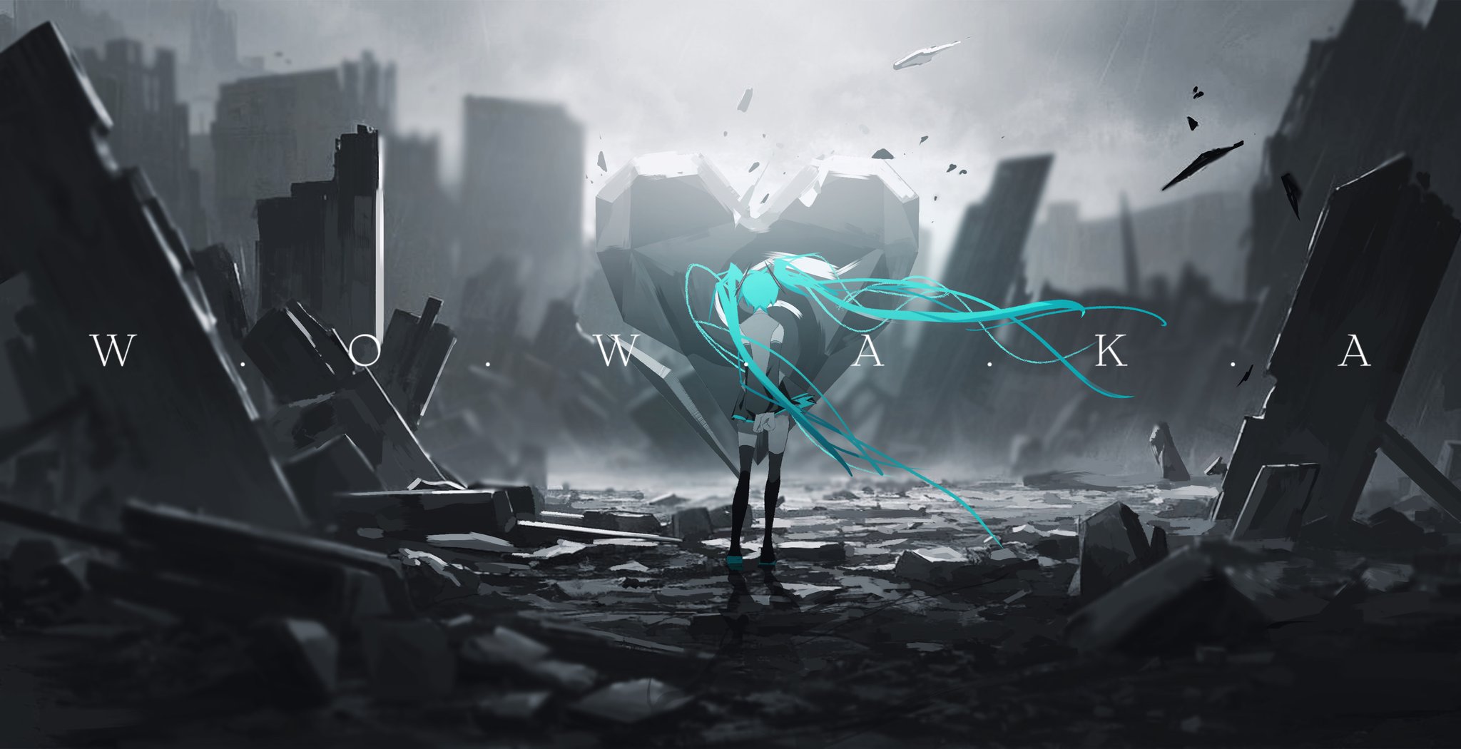 hatsune miku, wowaka, unknown mother goose (vocaloid), vocaloid, world's end dancehall (vocaloid), highres, 1girl, aqua hair, aqua necktie, black skirt, black thighhighs, blurry, boots, building, centurytruren, cloud, cloudy sky, debris, detached sleeves, floating hair, from behind, grey shirt, grey sky, holding, necktie, outdoors, pleated skirt, rain, rubble, ruins, scenery, shirt, skirt, sky, sleeveless, sleeveless shirt, solo, standing, thighhighs, twintails, umbrella, wide shot, zettai ryouiki
