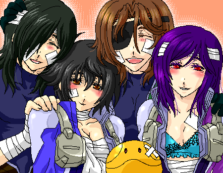 haro, lockon stratos, setsuna f. seiei, tieria erde, gundam, gundam 00, gender request, lowres, 00s, 2boys, 2girls, bandages, bra, eyepatch, genderswap, lingerie, multiple boys, multiple girls, oekaki, sarashi, underwear