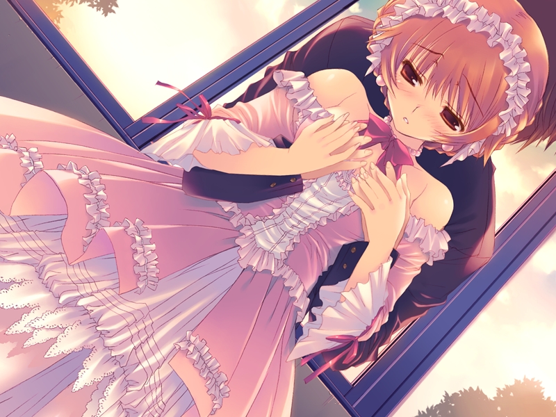 mitsumi misato, yamada michiru, to heart (series), to heart 2, to heart 2 ad, game cg, 00s, 1girl, brown eyes, brown hair, dress, dutch angle, female focus, indoors, solo, solo focus