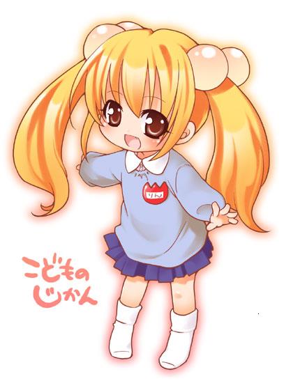 kokonoe rin, kodomo no jikan, 00s, 1girl, aged down, blonde hair, brown eyes, child, female focus, hair bobbles, hair ornament, happy, kindergarten, kindergarten uniform, long hair, looking at viewer, miniskirt, simple background, skirt, smile, socks, solo, twintails, white background