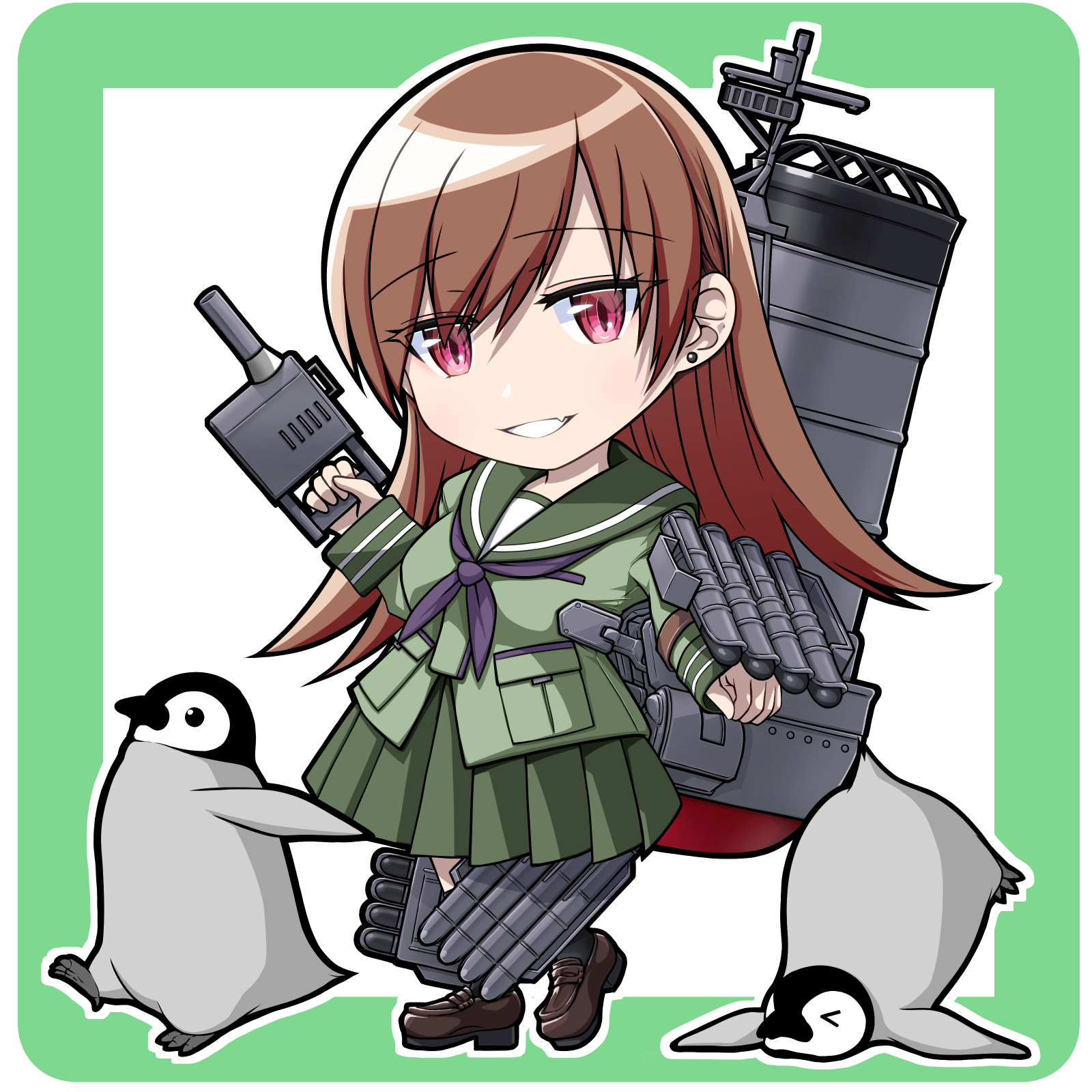 junk life, ooi (kancolle), kantai collection, highres, 1girl, adapted turret, bird, brown hair, green serafuku, green skirt, long hair, long sleeves, miniskirt, penguin, pleated skirt, purple eyes, rigging, school uniform, serafuku, skirt, smokestack, solo, torpedo, torpedo launcher, very long hair