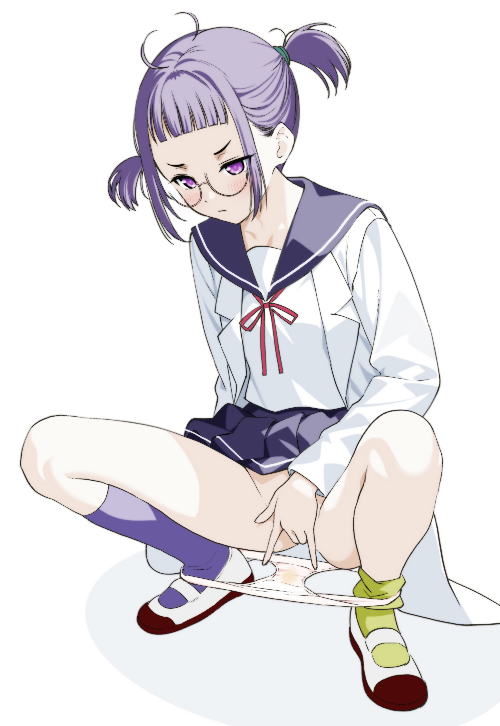 moonsorrow, character request, commentary request, copyright request, highres, 1girl, asymmetrical legwear, blunt bangs, blush, censored, closed mouth, embarrassed, female masturbation, full body, green socks, jacket, masturbation, mismatched legwear, mosaic censoring, open clothes, open jacket, panties, panty pull, pee stain, pleated skirt, purple eyes, purple hair, purple sailor collar, purple skirt, purple socks, red ribbon, ribbon, sailor collar, school uniform, semi-rimless eyewear, serafuku, shirt, shoes, short hair, short twintails, sidelocks, simple background, skirt, socks, solo, squatting, stained panties, twintails, underwear, uwabaki, v-shaped eyebrows, white background, white jacket, white panties, white shirt, white shoes