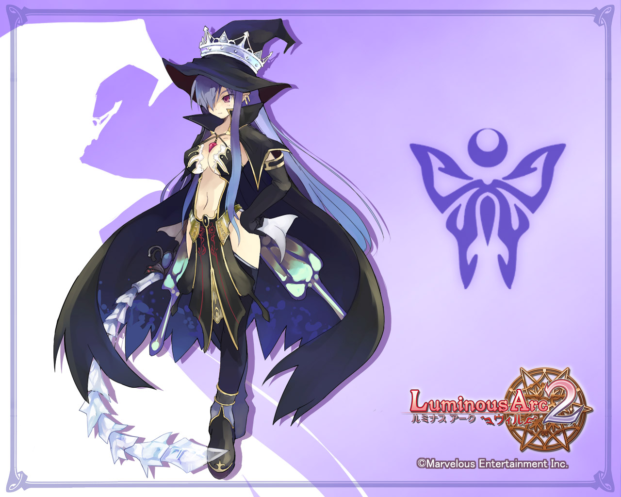 shibano kaito, fatima, luminous arc, luminous arc 2, official art, official wallpaper, 1girl, blue hair, boots, breasts, cleavage, clothing cutout, copyright name, crown, detached sleeves, earrings, female focus, hair over one eye, hand on own hip, hat, hip vent, jewelry, large breasts, long hair, midriff, navel, pendant, pointy ears, purple eyes, solo, thighhighs, very long hair, whip, white crown, witch, witch hat