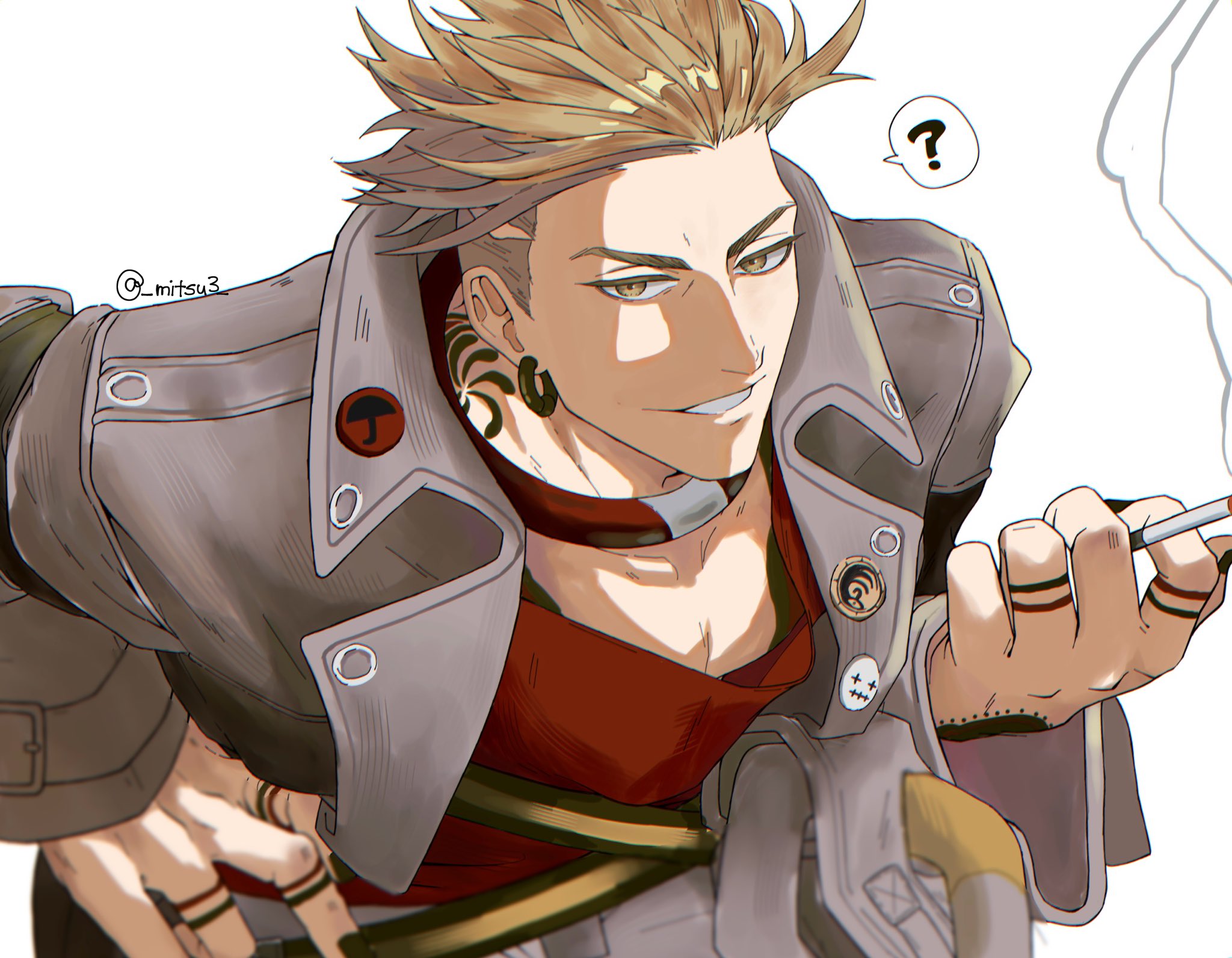 enjin (gachiakuta), gachiakuta, commentary, highres, 1boy, ?, black nails, blonde hair, cigarette, coat, earrings, grey coat, jewelry, looking at viewer, male focus, mitsu3, red shirt, shirt, short hair, shoulder tattoo, simple background, smile, smoking, solo, spoken question mark, tattoo, twitter username, undercut, white background, yellow eyes