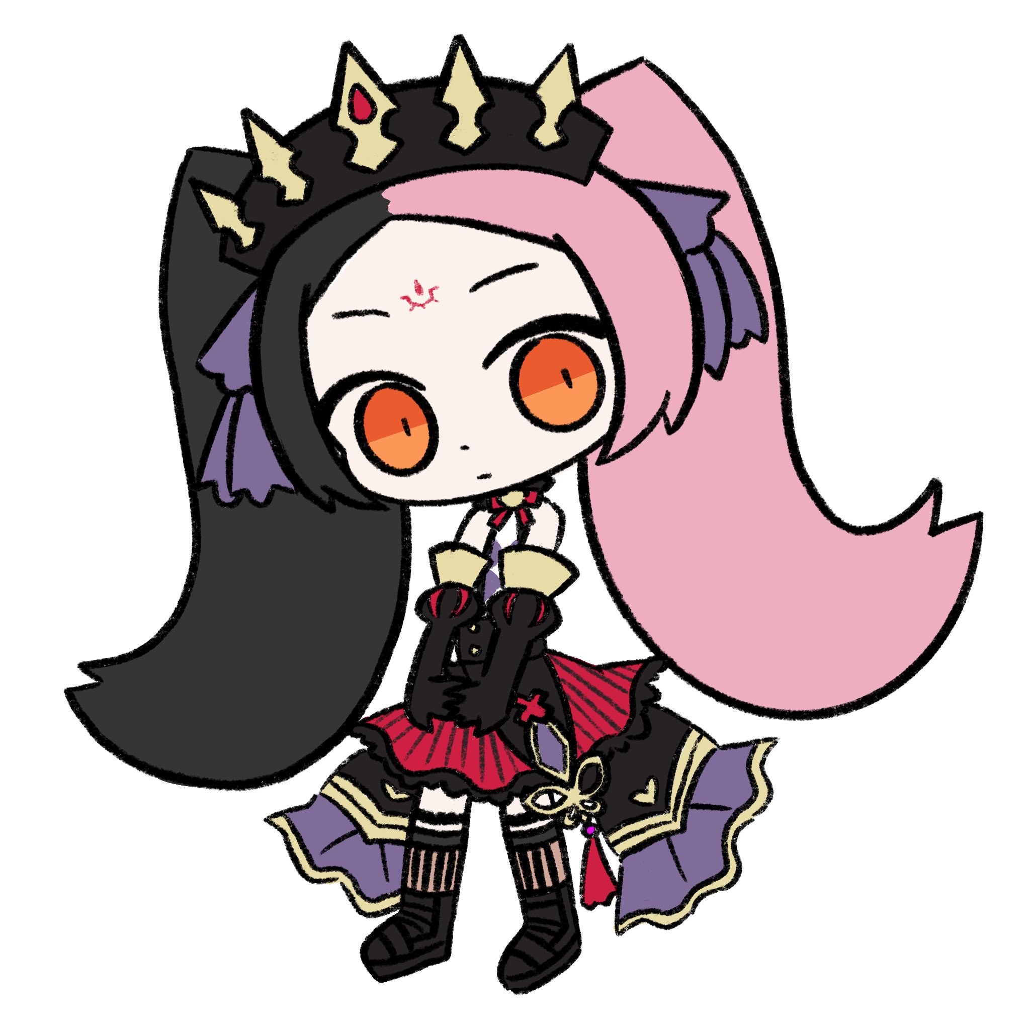 kiyu wosushi, chaos dorloto (grimms notes), grimms notes, 1girl, black hair, chibi, chibi only, full body, pink hair, solo, twintails