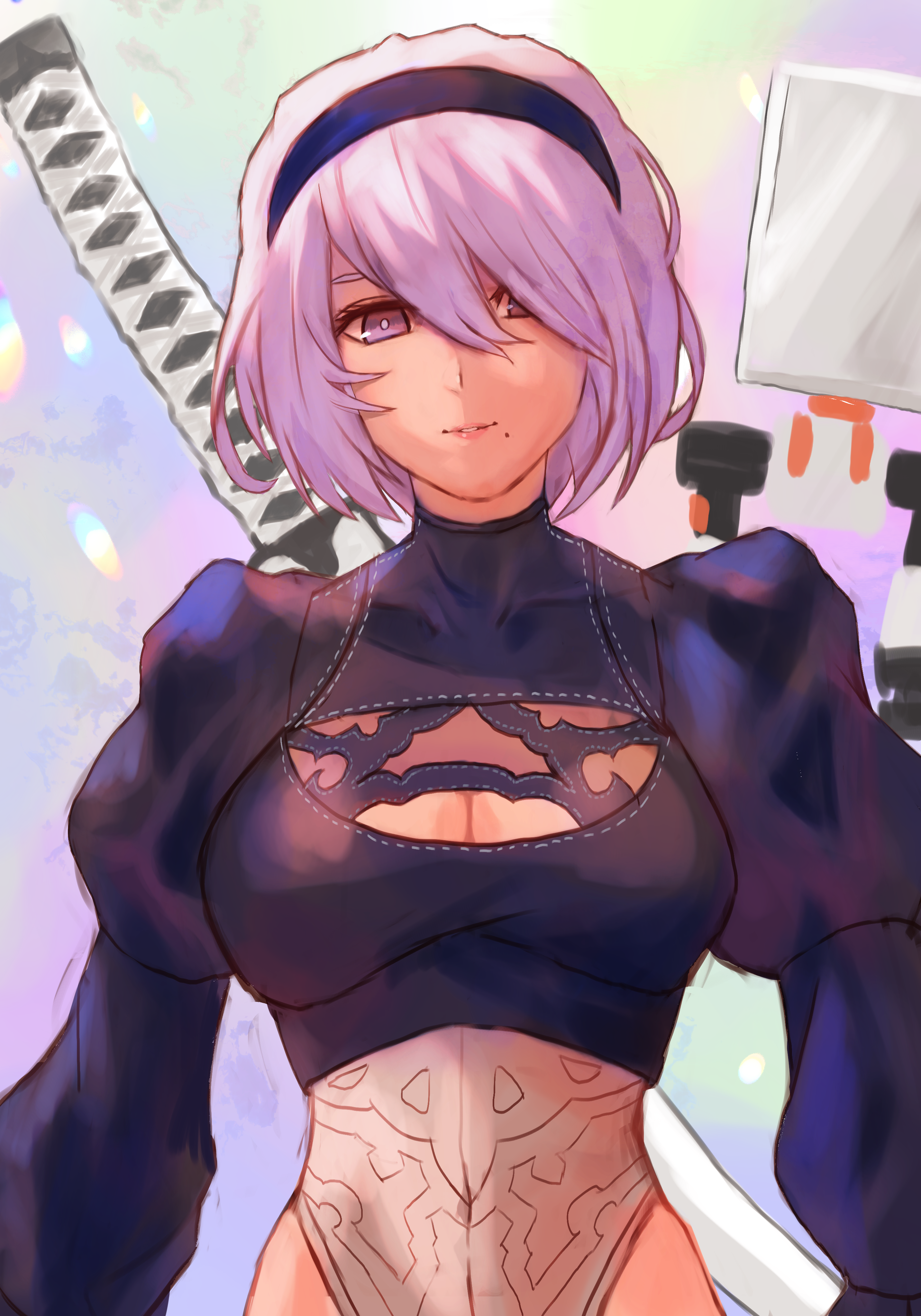 aoyagi 0, 2b (nier:automata), pod (nier:automata), nier:automata, nier (series), absurdres, highres, 1girl, blue eyes, breasts, cleavage cutout, clothing cutout, katana, looking at viewer, medium breasts, sheath, sheathed, short hair, solo, straight-on, sword, upper body, weapon, white hair