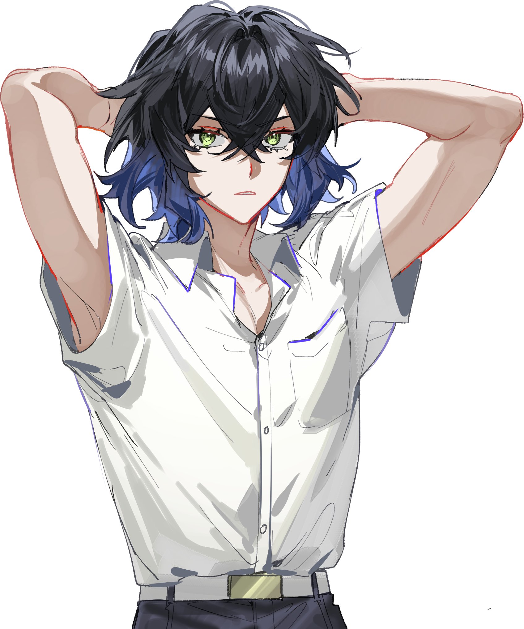 kaohom503 2, hashibira inosuke, kimetsu no yaiba, highres, 1boy, alternate costume, armpits, arms behind head, belt, black hair, black pants, blue hair, buttons, collared shirt, gradient hair, green eyes, looking at viewer, male focus, multicolored hair, pants, pocket, shirt, shirt tucked in, short hair, short sleeves, simple background, solo, two-tone hair, white background, white belt, white shirt