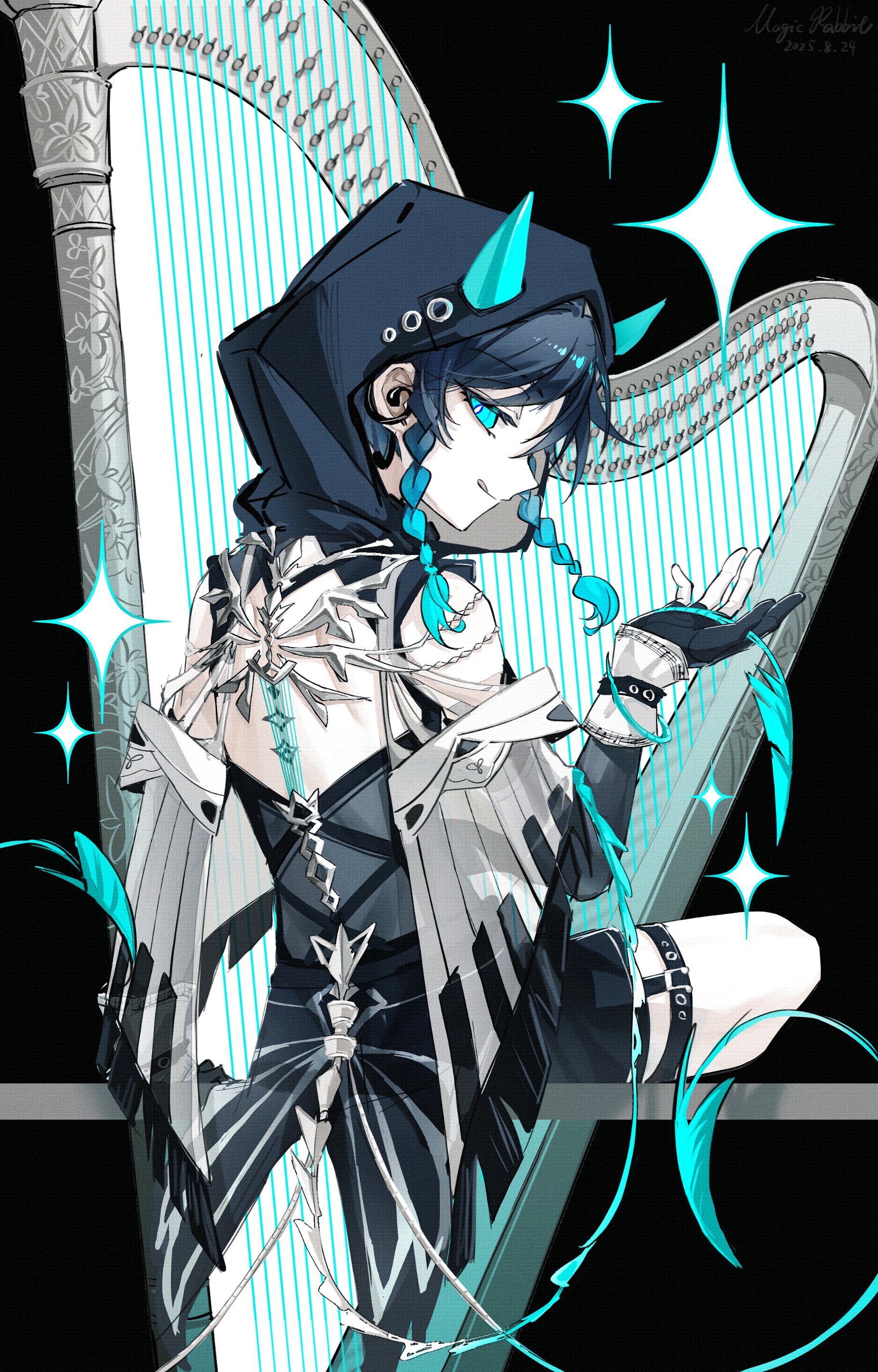 magicrabbit49586, venti (genshin impact), genshin impact, absurdres, highres, 1boy, :q, aqua eyes, aqua hair, black gloves, black hair, black hood, black shorts, black sleeves, braid, demon horns, fingerless gloves, gloves, gradient hair, horns, looking back, male focus, multicolored hair, shorts, smile, solo, tongue, tongue out, twin braids