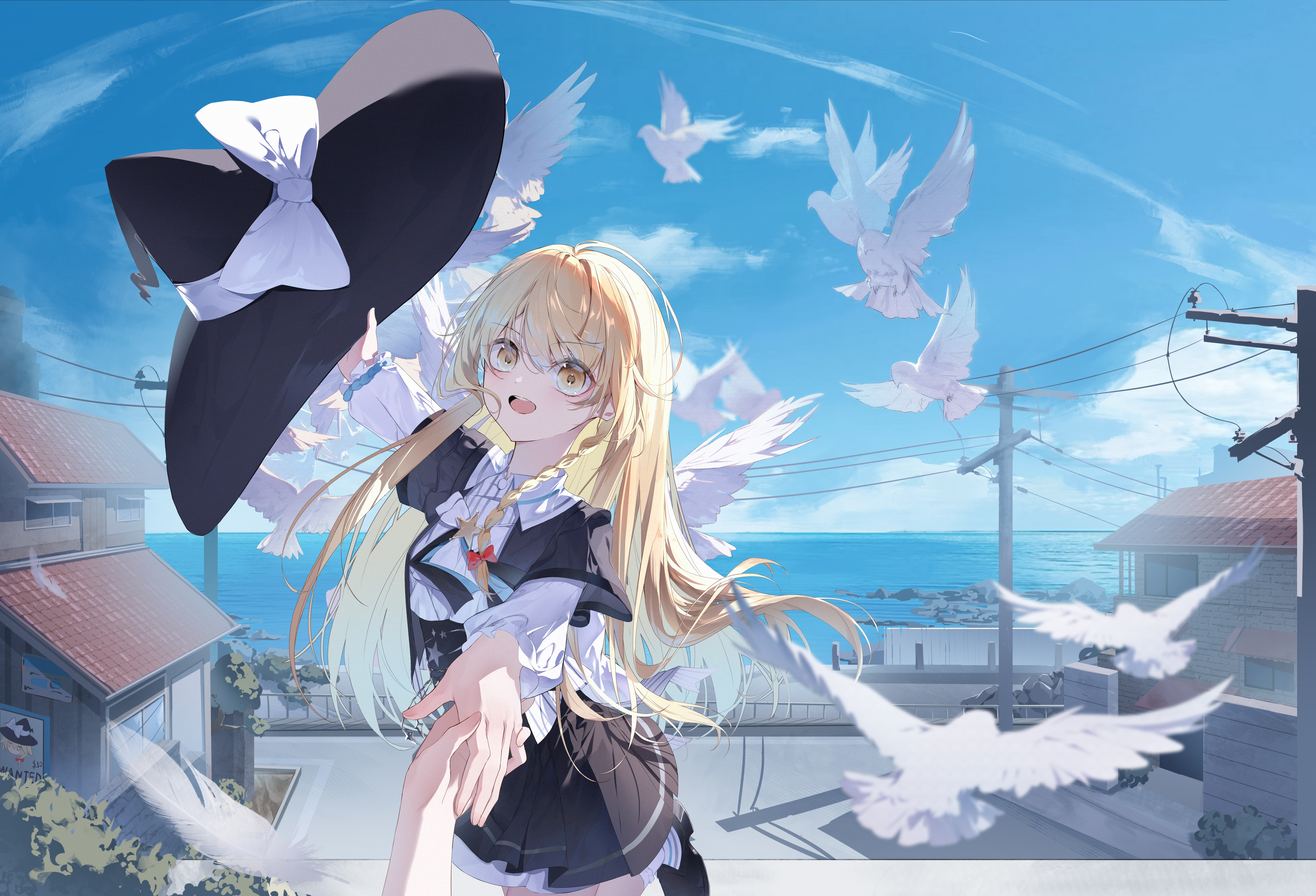 z-bow, kirisame marisa, touhou, absurdres, highres, 1girl, black capelet, black hat, black shoes, black skirt, blonde hair, blue sky, bow, braid, capelet, cloud, hair bow, hat, hat bow, holding, holding hands, holding unworn clothes, holding unworn hat, house, loafers, long hair, long sleeves, ocean, open mouth, outdoors, red bow, road, shirt, shoes, side braid, skirt, sky, solo focus, star (symbol), star print, unworn hat, unworn headwear, wanted poster, white bow, white shirt, witch hat, yellow eyes