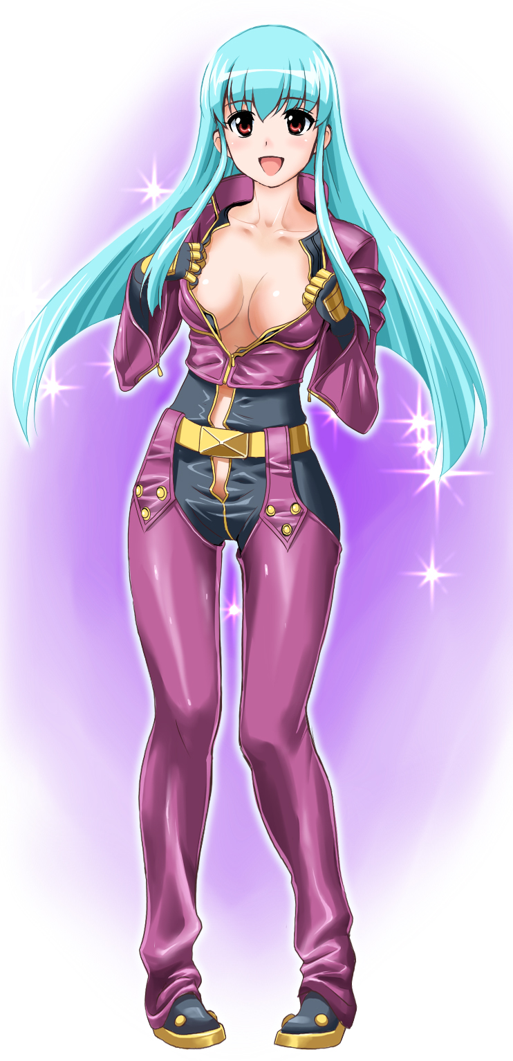 g-tetsu, kula diamond, snk, the king of fighters, highres, long image, tall image, 1girl, blouse, blue hair, breasts, cleavage, female focus, large breasts, long hair, no bra, open clothes, open shirt, red eyes, shirt, solo, sparkle, undressing