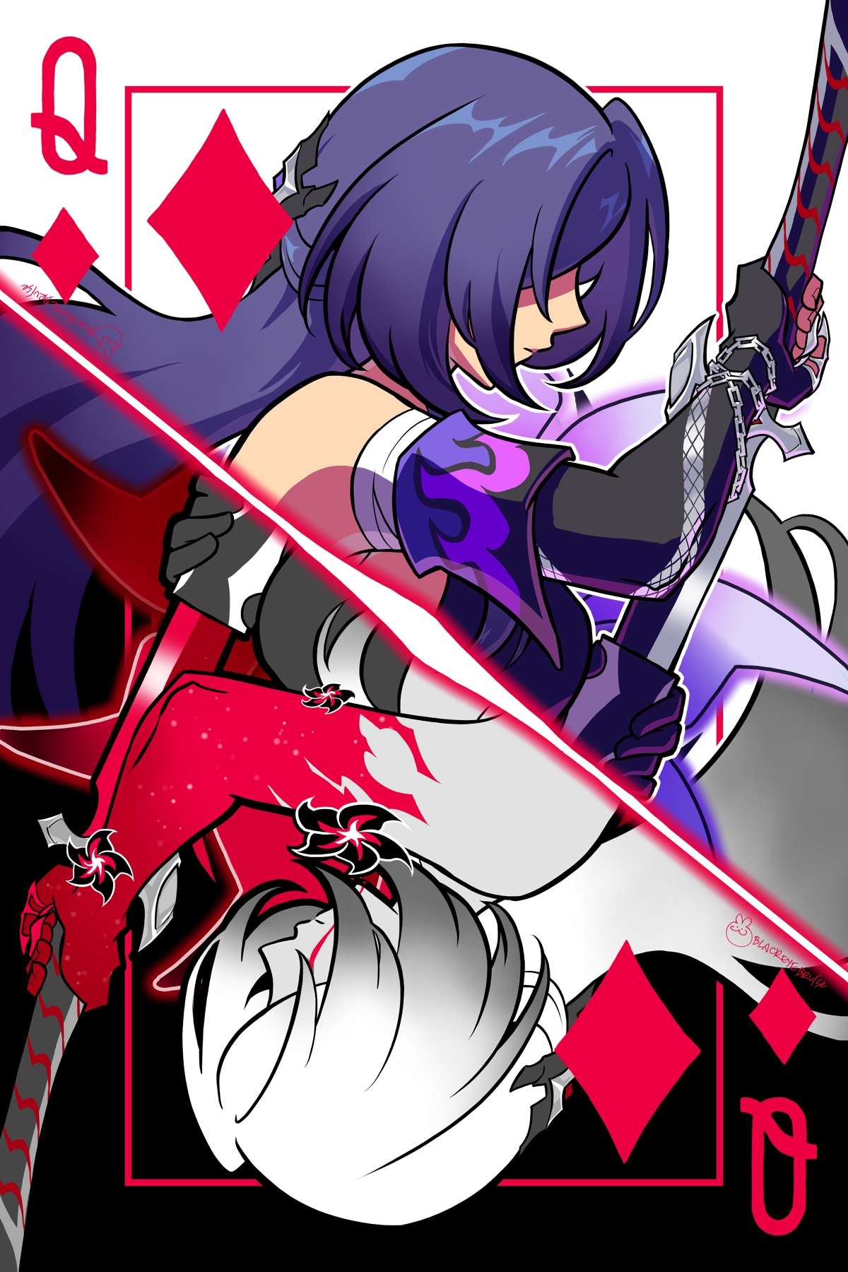 acheron (honkai: star rail), honkai: star rail, honkai (series), mihoyo, highres, 1girl, blackeyebruise, card, chain, chain around arm, colored skin, flower, grey hair, hair over eyes, holding, holding sword, holding weapon, long hair, mirror image, playing card, purple hair, queen (playing card), red flower, red skin, scabbard, sheath, solo, sword, weapon