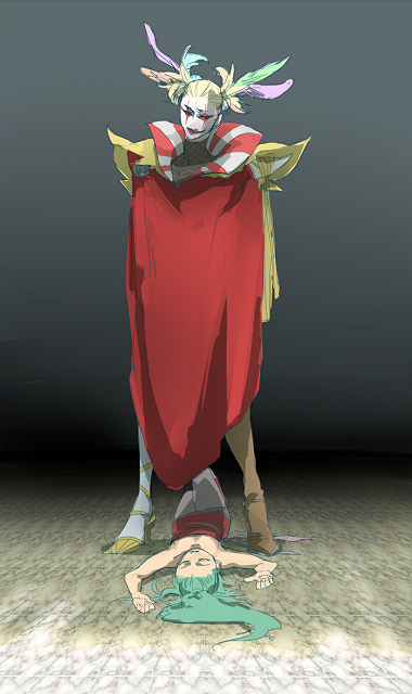 gyofu, cefca palazzo, tina branford, final fantasy, final fantasy vi, 1990s (style), 1boy, 1girl, arms up, bare shoulders, boy on top, breasts, cape, cleavage, collarbone, downblouse, floor, full body, green hair, knees up, lying, mask, on back, on floor, pantyhose, small breasts, standing, you gonna get raped