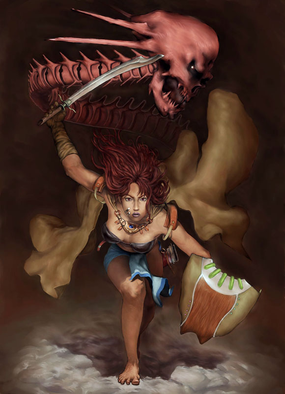 tarm, original, cape, dark-skinned female, dark skin, monster, shield, sword, weapon