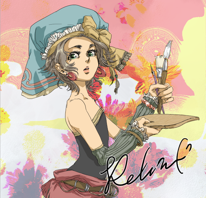 gyofu, relm arrowny, final fantasy, final fantasy vi, 1990s (style), 1girl, art brush, bare shoulders, brown hair, character name, child, detached sleeves, earrings, female focus, green eyes, hat, jewelry, paint palette, paintbrush, retro artstyle, solo