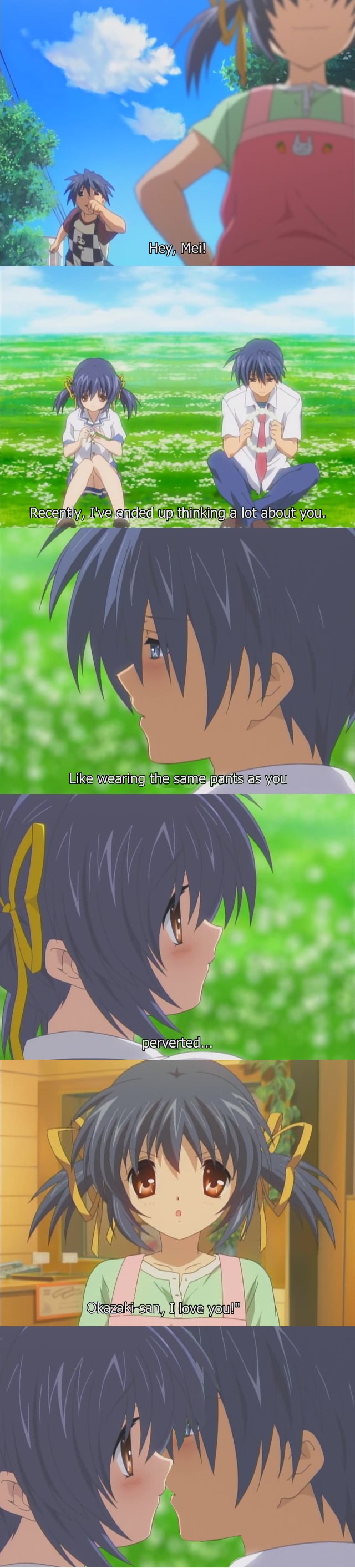 okazaki tomoya, sunohara mei, clannad, screencap, absurdres, highres, long image, tall image, third-party edit, 00s, subtitled