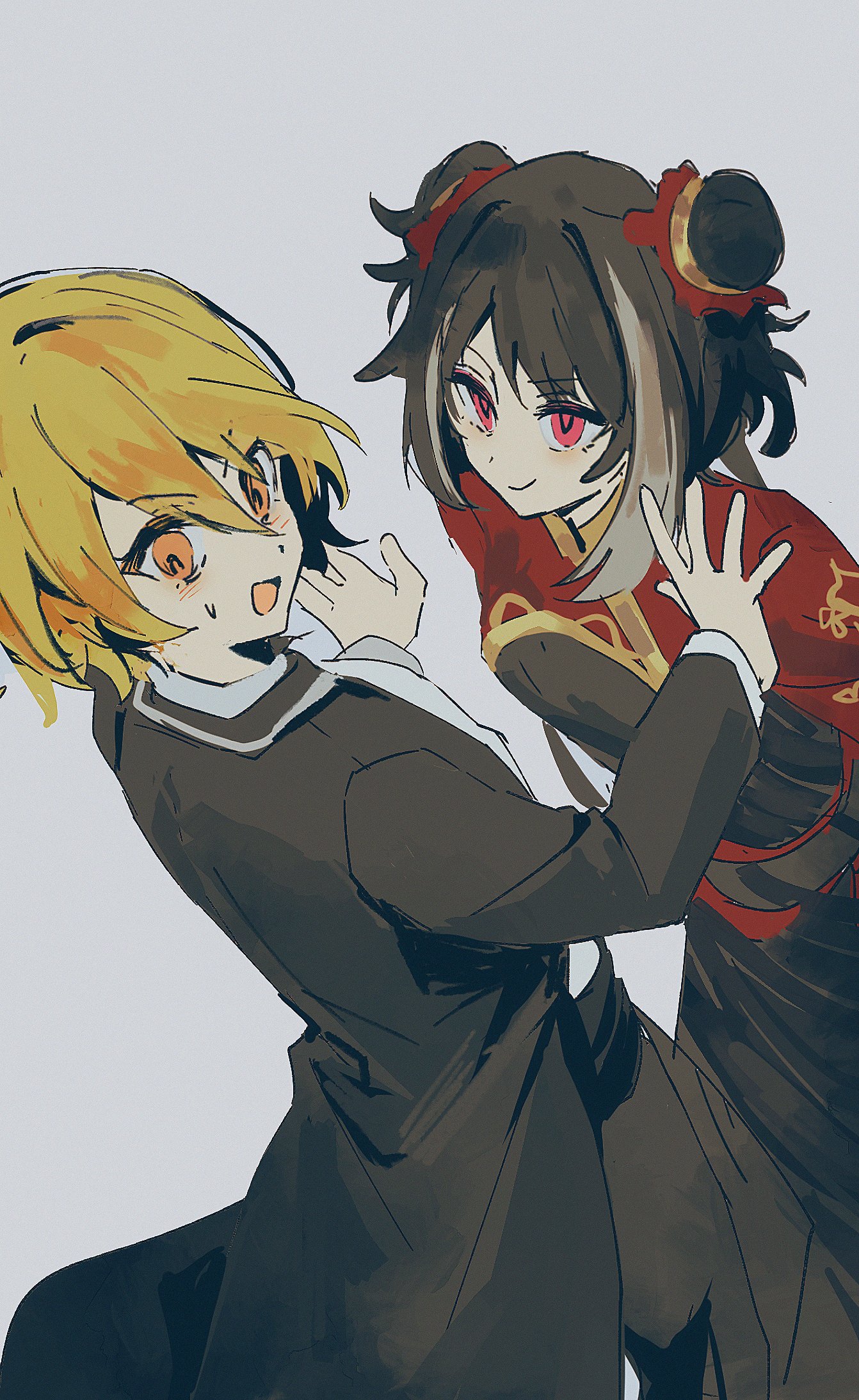 sixgod, don quixote (project moon), jia xichun (project moon), limbus company, project moon, highres, 2girls, black coat, black dress, black hair, blonde hair, chinese clothes, coat, collared shirt, double bun, dress, hair bun, long hair, long sleeves, looking at another, multicolored hair, multiple girls, open mouth, pink eyes, red shrug, shirt, short hair, simple background, standing, streaked hair, twintails, upper body, white background, white shirt, yellow eyes