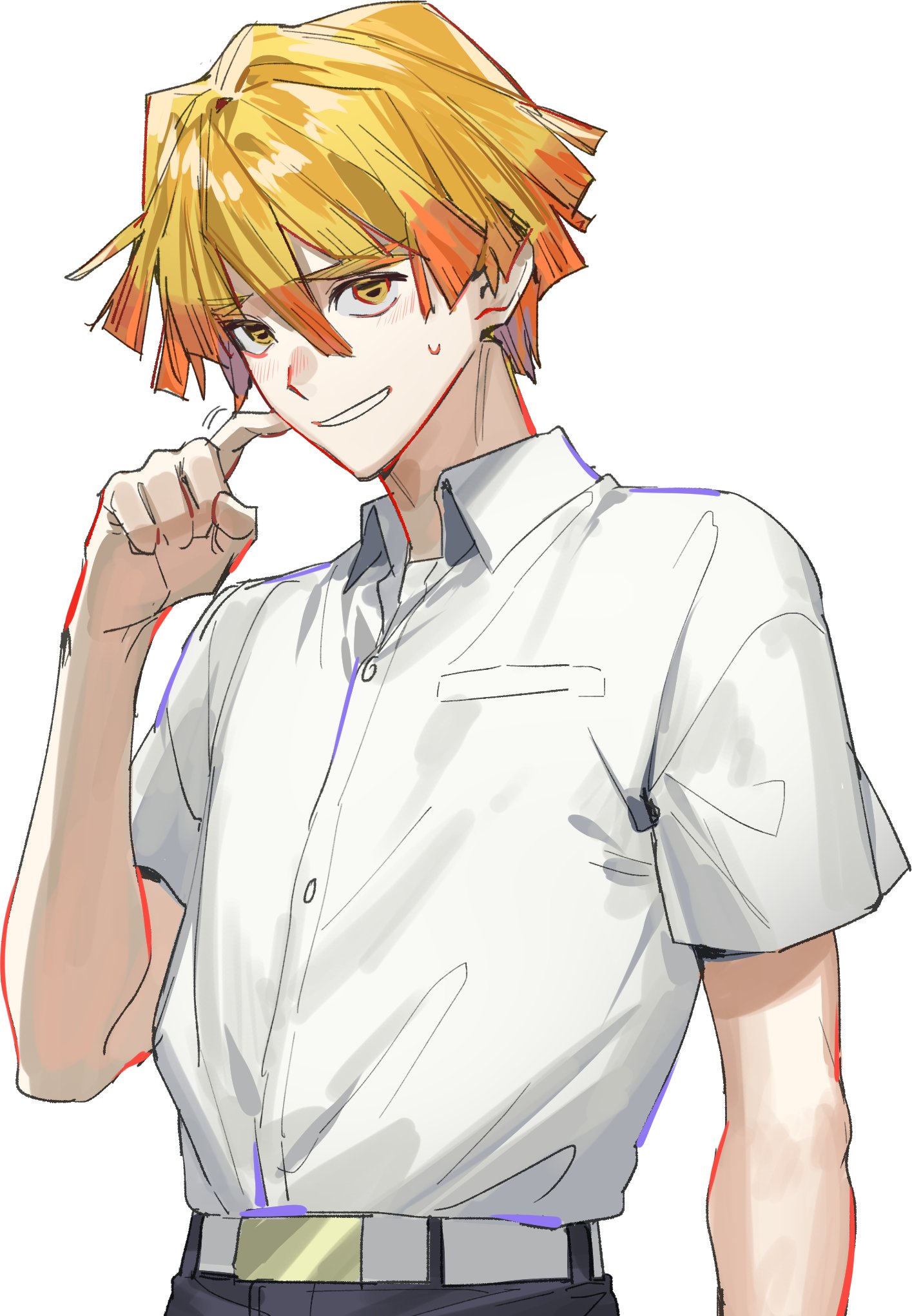 kaohom503 2, agatsuma zenitsu, kimetsu no yaiba, commentary, highres, symbol-only commentary, 1boy, alternate costume, belt, black pants, blonde hair, buttons, collared shirt, contemporary, looking at viewer, male focus, pants, pocket, shirt, short hair, short sleeves, simple background, solo, teeth, white background, white belt, white shirt