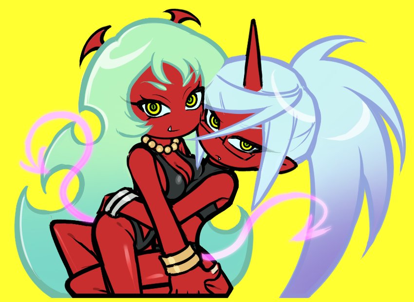 jjjjtaaaku, kneesocks (psg), scanty (psg), panty & stocking with garterbelt, 2girls, blue hair, bracelet, breasts, cleavage, colored skin, demon girl, fang, glasses, green eyes, green hair, horns, hug, jewelry, long hair, medium breasts, multiple girls, necklace, official style, ponytail, red skin, siblings, simple background, single horn, sisters, swimsuit, wings, yellow background, yellow eyes