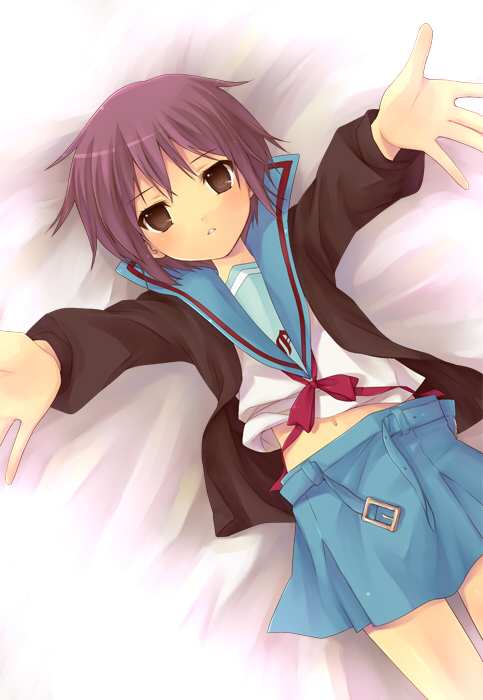hijiki (hijikini), hijikini, nagato yuki, suzumiya haruhi no yuuutsu, bad id, bad pixiv id, 00s, 1girl, cardigan, female focus, lying, school uniform, serafuku, solo