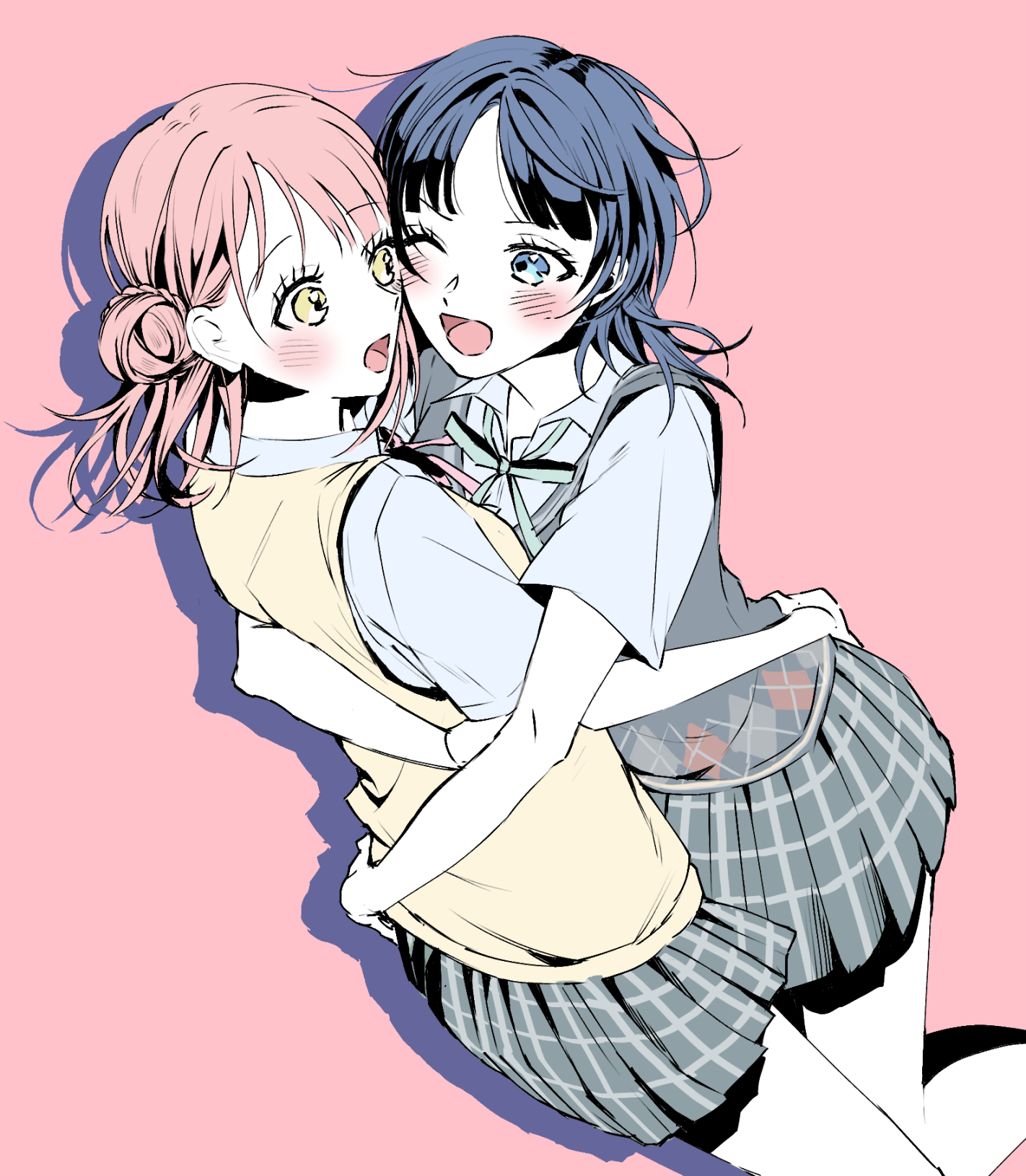 aki m m a, asaka karin, uehara ayumu, love live!, love live! nijigasaki high school idol club, commentary request, highres, 2girls, black hair, blue eyes, blush, brown hair, cheek-to-cheek, collared shirt, drop shadow, eyelashes, grey ribbon, grey shirt, grey sweater vest, heads together, hug, multiple girls, mutual hug, neck ribbon, one eye closed, open mouth, pale color, pink background, plaid clothes, plaid skirt, pleated skirt, ribbon, school uniform, shirt, short sleeves, simple background, skirt, sweater vest, wing collar, yellow eyes, yellow sweater vest