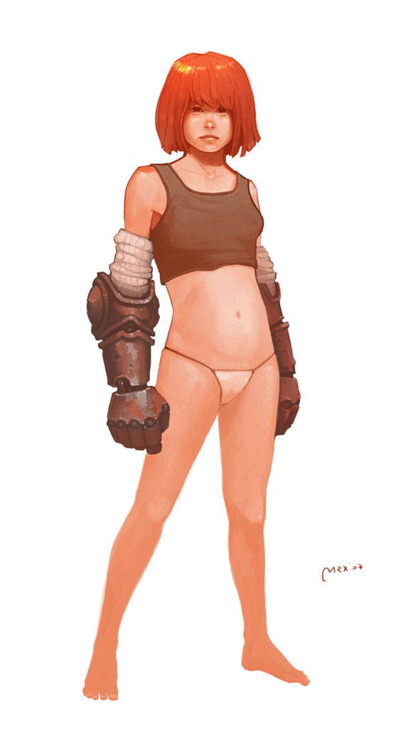 armor, barefoot, detached sleeves, gauntlets, panties, red hair, short hair, solo, tank top, underwear