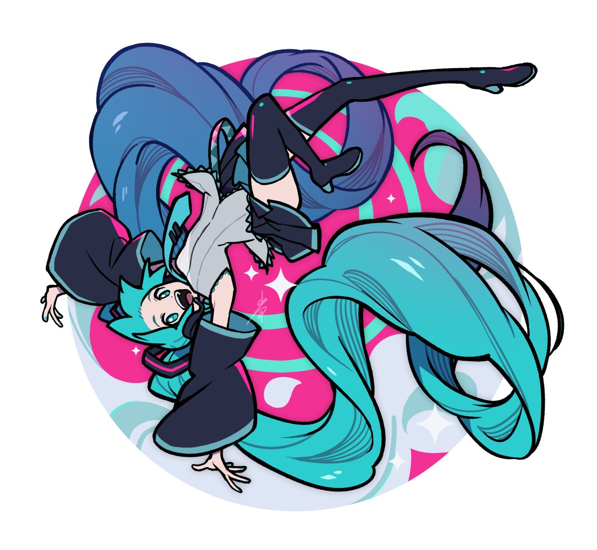 iwato1712, hatsune miku, vocaloid, 1girl, :d, absurdly long hair, aqua eyes, aqua hair, aqua nails, aqua necktie, black skirt, black sleeves, boots, circle, detached sleeves, full body, grey shirt, long hair, looking at viewer, necktie, open mouth, outstretched arms, pleated skirt, shirt, signature, skirt, sleeveless, sleeveless shirt, smile, solo, sparkle, thigh boots, thighhighs, twintails, upside-down, very long hair, white background, wide sleeves