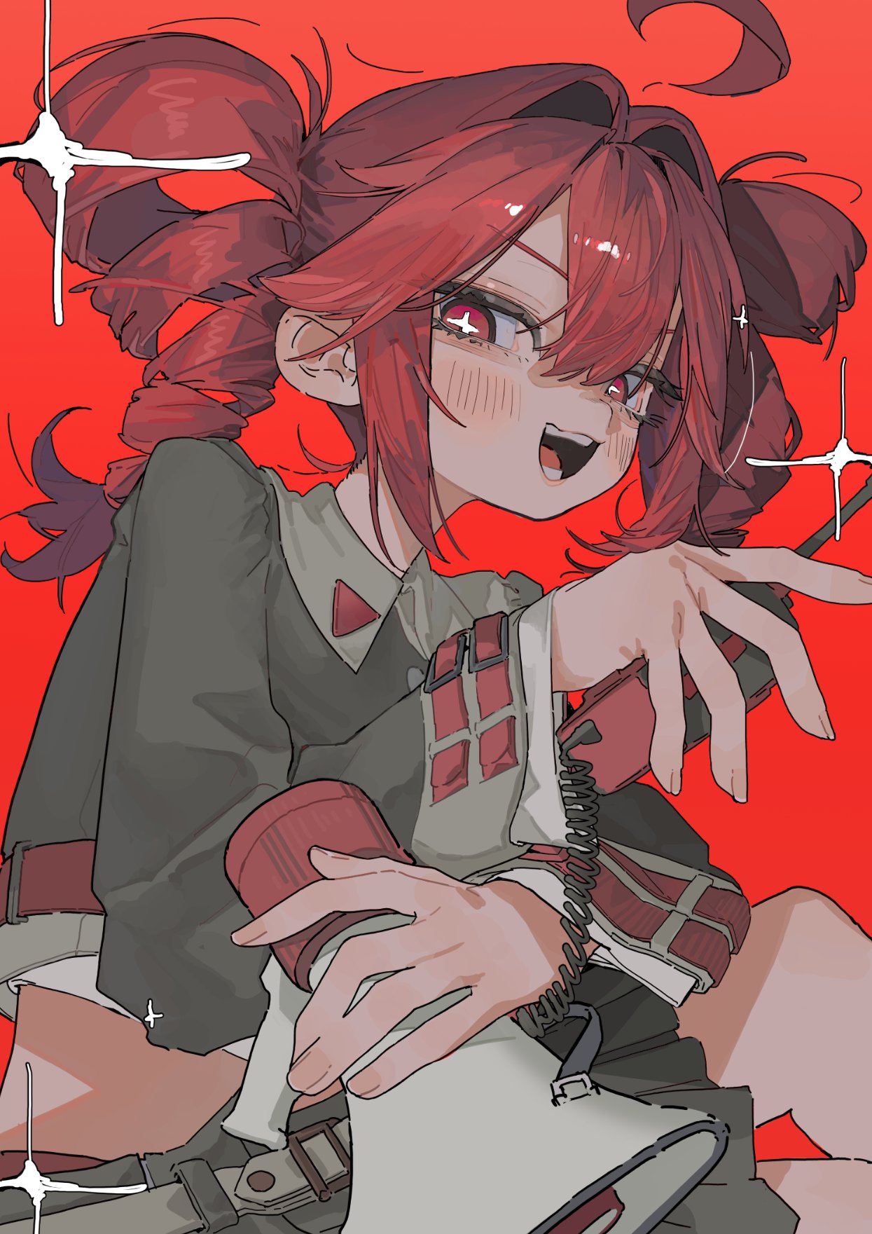 87yanagi, kasane teto, synthesizer v, highres, 1girl, ahoge, belt, black shirt, black skirt, blush, buttons, collared shirt, drill hair, grey shirt, grey skirt, hair between eyes, holding, holding megaphone, holding phone, long sleeves, looking at viewer, megaphone, open mouth, phone, pleated skirt, red background, red eyes, red hair, shirt, shoulder boards, simple background, sitting, skirt, sleeve cuffs, smile, solo, sparkle, teeth, twin drills