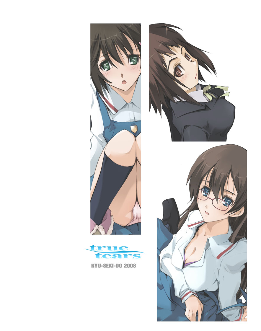 nagare hyougo, andou aiko, isurugi noe, yuasa hiromi, true tears, 00s, 3girls, blue eyes, blush, breasts, brown eyes, brown hair, cleavage, glasses, green eyes, large breasts, multiple girls, open mouth, panties, pantyshot, pink panties, school uniform, serafuku, sitting, socks, underwear