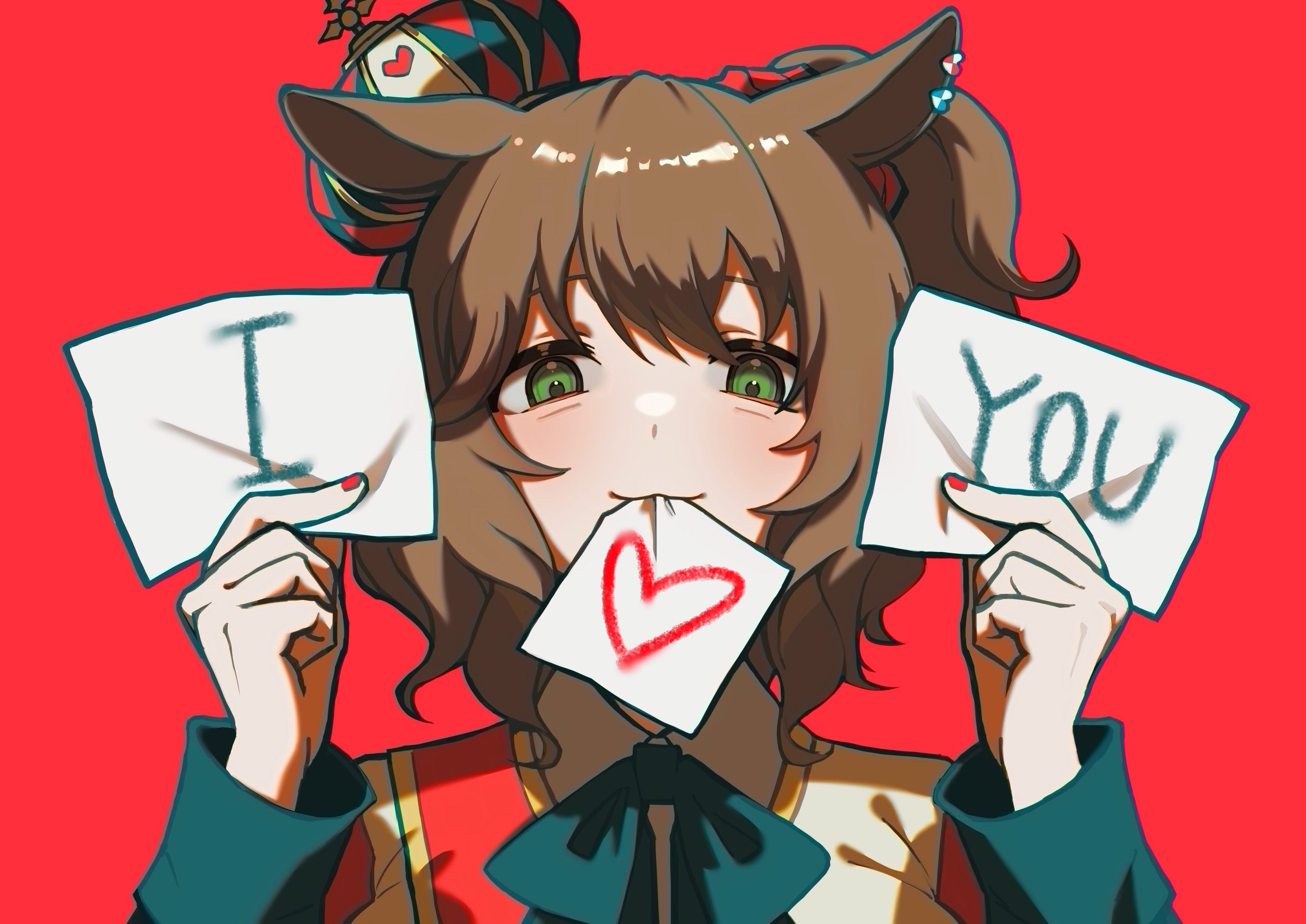 shironism, aston machan (umamusume), umamusume, commentary request, highres, 1girl, animal ears, blush, brown hair, crown, ear ornament, green eyes, heart, holding, holding paper, horse ears, horse girl, long sleeves, looking at viewer, mini crown, mouth hold, one side up, paper, paper in mouth, red background, short hair, simple background, smile, solo, tilted headwear, upper body