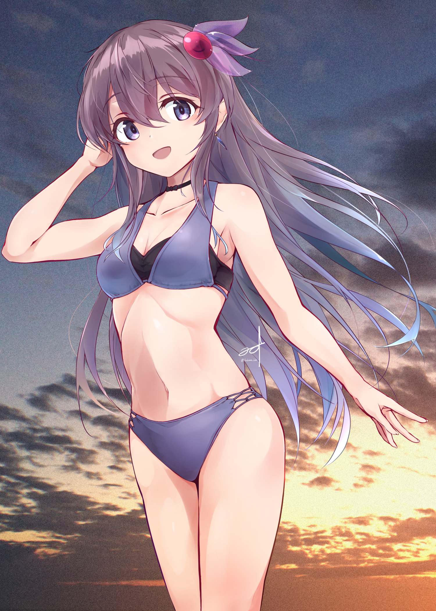 minosu, kisaragi (kancolle), kantai collection, commentary request, highres, 1girl, alternate costume, beach, bikini, black choker, breasts, brown hair, choker, cleavage, cloud, cloudy sky, collarbone, cowboy shot, gradient sky, hair ornament, layered bikini, long hair, medium breasts, open mouth, orange sky, outdoors, purple bikini, purple eyes, sky, solo, sun, sunset, swimsuit, water