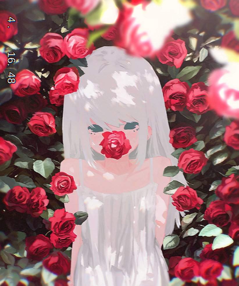 utwob0, original, 1girl, bare shoulders, blurry, collarbone, covered mouth, dated, dress, flower, leaf, long hair, looking at viewer, red flower, red rose, rose, sleeveless, sleeveless dress, solo, spaghetti strap, sundress, upper body, white dress, white hair