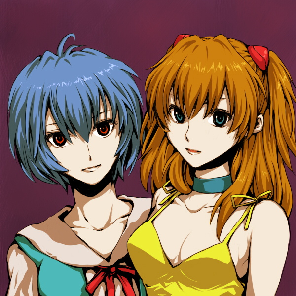 buchi (pixiv30168), ayanami rei, souryuu asuka langley, neon genesis evangelion, bad id, bad pixiv id, 2girls, blue eyes, blue hair, dress, multiple girls, red eyes, yellow dress