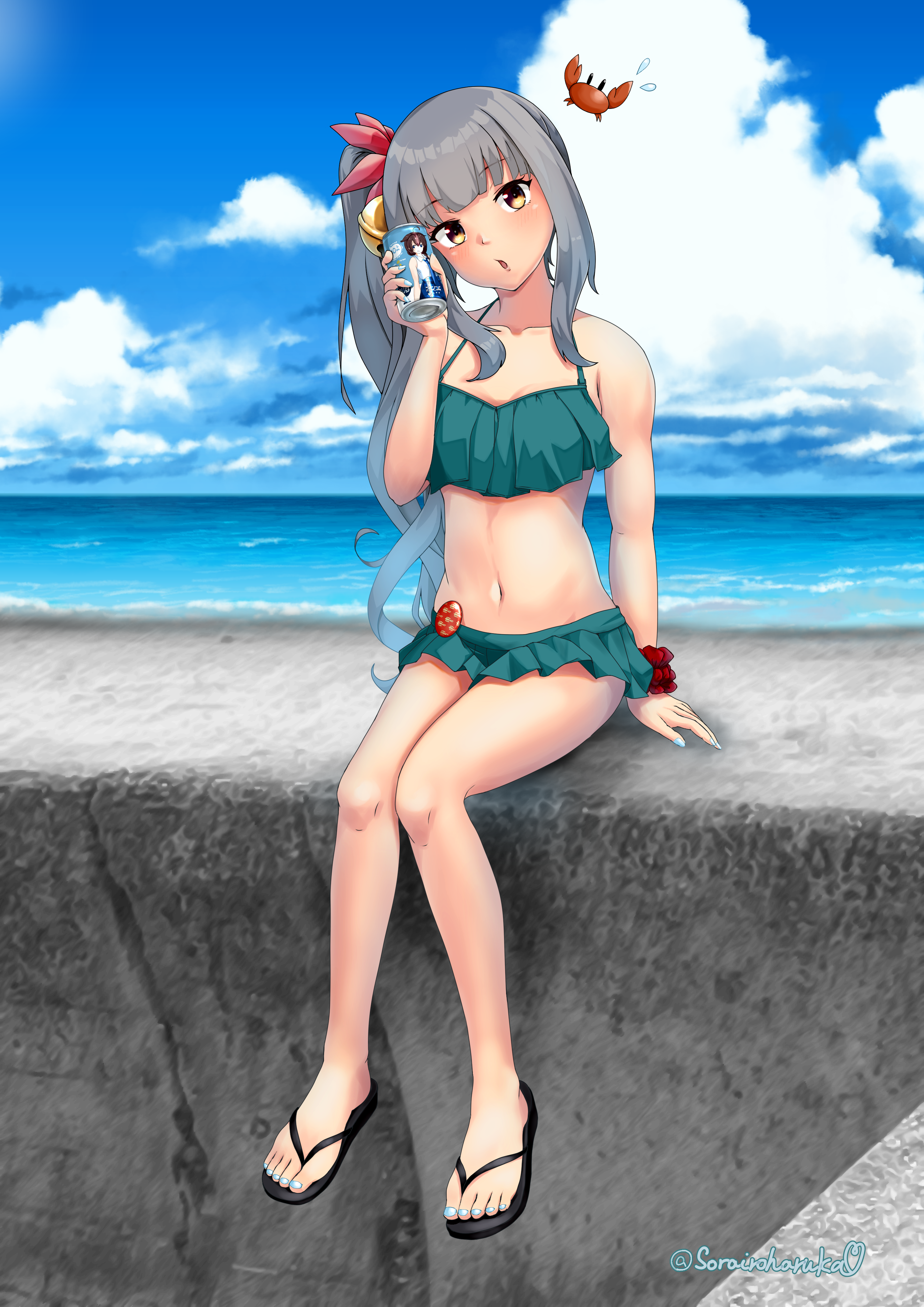 sorairo haruka, kasumi (kancolle), kasumi kai ni (kancolle), kasumi kai ni (swimsuit) (kancolle), kantai collection, absurdres, highres, 1girl, alternate hair ornament, bell, bikini, bikini skirt, breasts, brown eyes, can, crab, day, flip-flops, frilled bikini, frills, green bikini, grey hair, hair bell, hair ornament, hair ribbon, holding, holding can, long hair, navel, ocean, outdoors, ribbon, ruffle bikini, sandals, side ponytail, sitting, small breasts, solo, swimsuit, very long hair