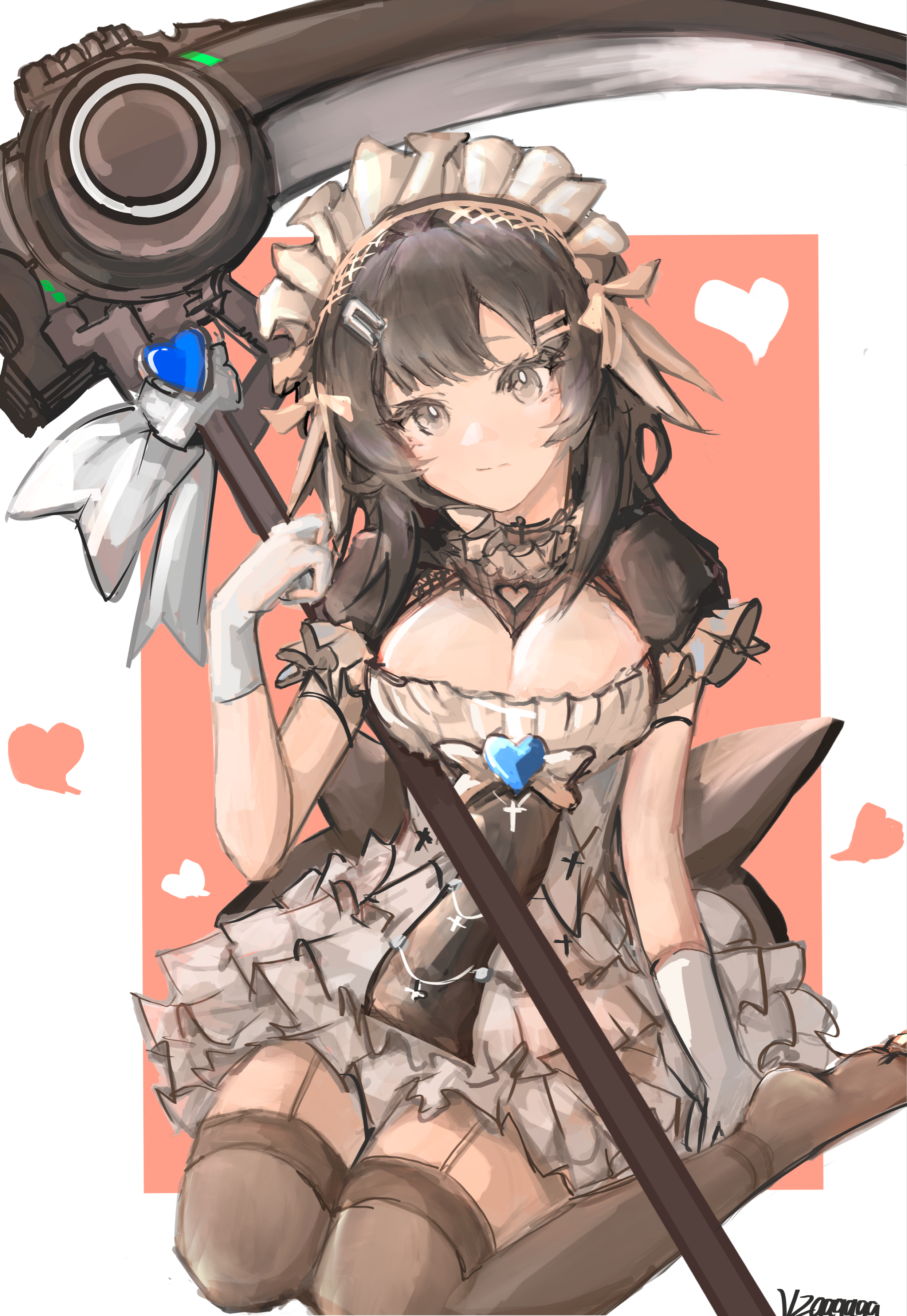 la pluma (arknights), arknights, absurdres, chinese commentary, commentary request, highres, 1girl, alternate costume, artist name, black eyes, black hair, border, breasts, bright pupils, brown thighhighs, cleavage, closed mouth, cross, elbow gloves, enmaided, frills, garter straps, gloves, hair ornament, hairclip, heart, holding, holding scythe, latin cross, light smile, looking at viewer, maid, maid headdress, medium breasts, medium hair, orange background, outside border, scythe, simple background, sitting, sketch, solo, thighhighs, vzaaaaaaa, white border, white gloves, white pupils