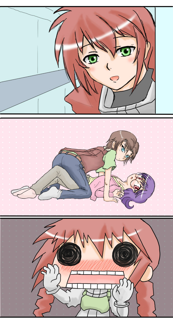 hakucchi, feldt grace, lockon stratos, tieria erde, gundam, gundam 00, hidamari sketch, bad id, bad pixiv id, 1girl, 2boys, aoki ume (style), blush, multiple boys, parody, style parody, trap, walk-in, wide face, yaoi