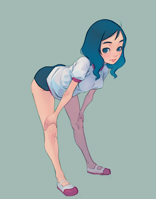 weno, original, 1girl, black hair, buruma, female focus, full body, grey background, gym uniform, shoes, simple background, solo, standing, uwabaki